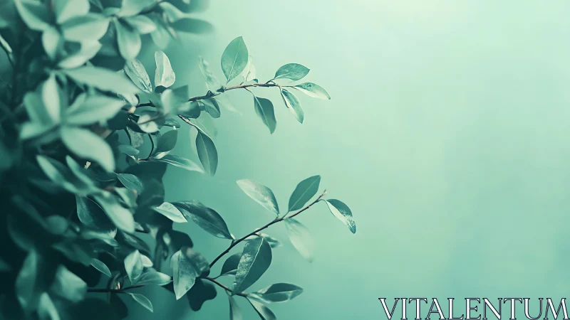 Soft Green Foliage Branch on Pastel Background, Minimalist Style.
