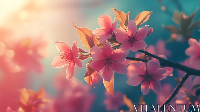 Pink Blossoms Backlit by Golden Sunlight Against Teal Sky.