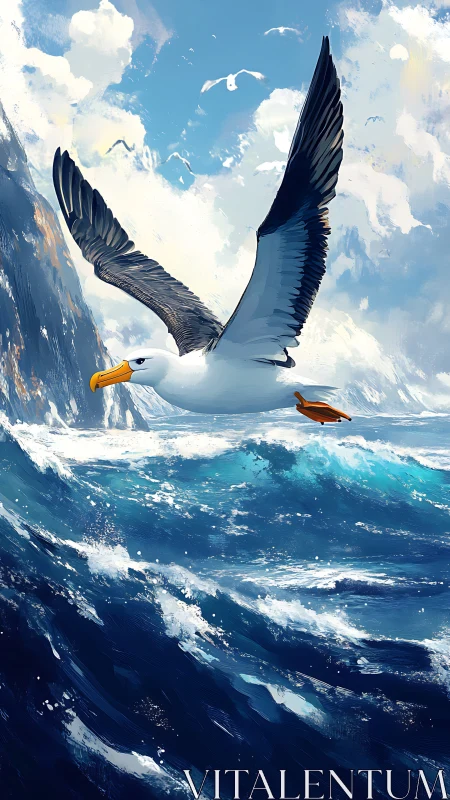 Albatross rides storm waves under luminous coastal sky.