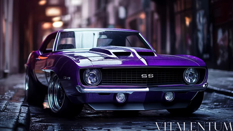 Purple muscle car with wet-body reflections in cinematic alley lighting