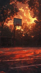Sunset-soaked court lets a lone hoop guard the glowing sky