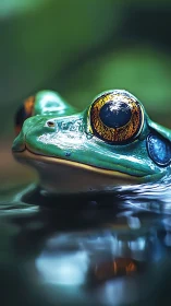 Close-up portrait of green frog with vivid golden eyes.