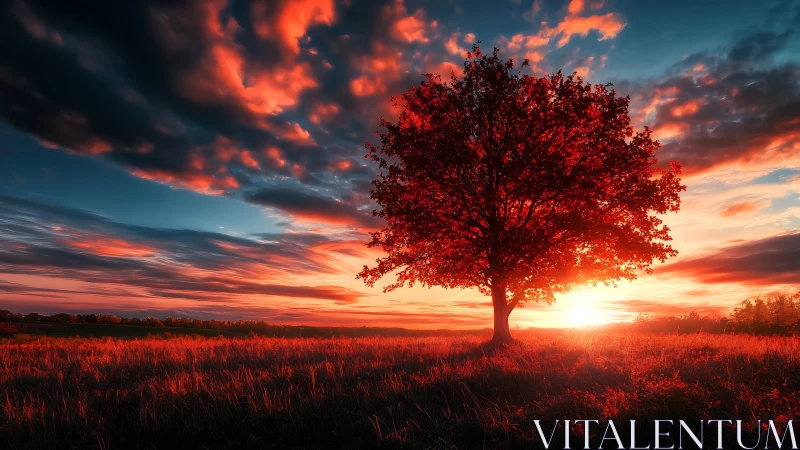 Solitary ember tree drinking the last wild sunset light.