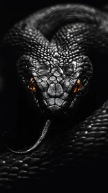 Close frontal view of coiled black snake on dark background.