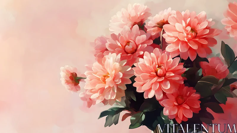 Coral Dahlia Arrangement Against Soft Pastel Background