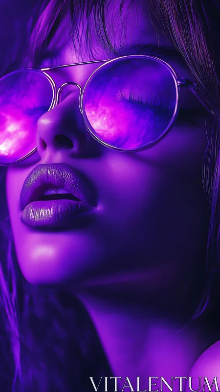 Violet neon portrait shows reflective sunglasses and glossy lips