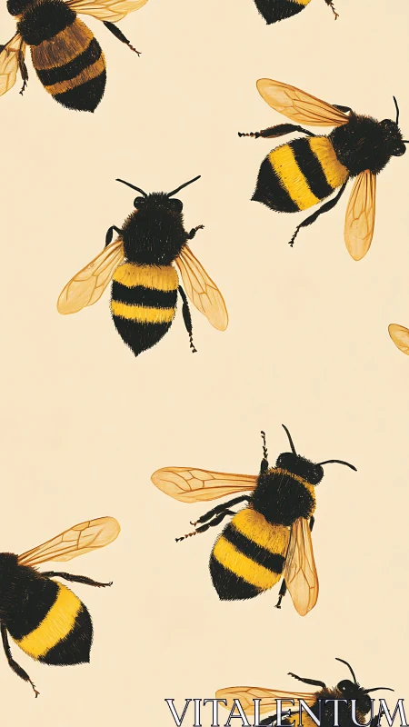 Busy bumblebees drift gently across a soft cream sky