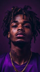 Low-angle purple portrait employs dramatic chromatic contrast