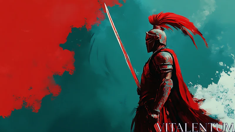 Crimson knight silhouette against teal battle sky.