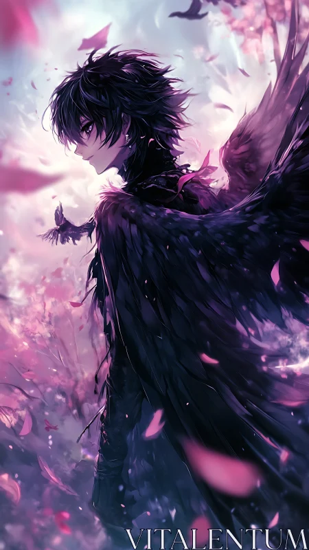 Midnight-winged guardian stands in a storm of pink petals