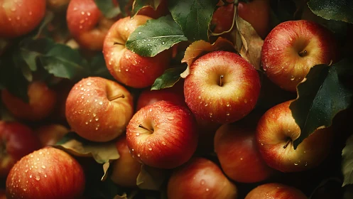 Red apples with dew among leaves in soft natural light.