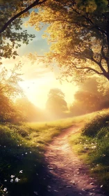 Sunlit forest path under glowing golden canopy at dawn.