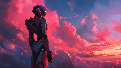 Neon dusk sentinel gazing into storm-splashed cosmos sky.