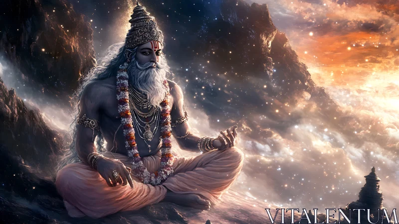 Serene cosmic sage in meditation amid glowing starlit clouds.