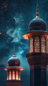 Illuminated mosque tower with patterned dome at night sky.
