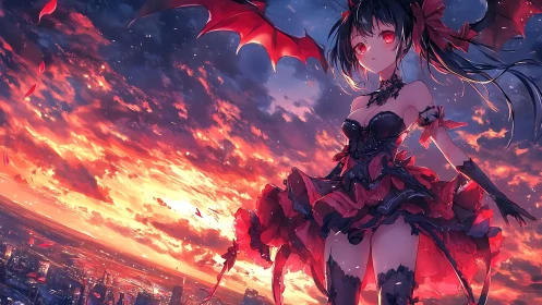 Twilight sky dance with a winged gothic anime heroine.