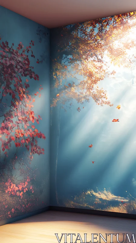 Sunlit forest portal blooms inside a quiet cornered room.