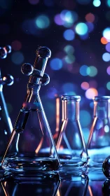 Luminous lab glassware glows against a dreamy bokeh night