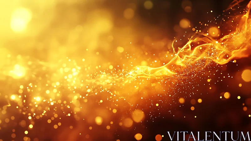 Abstract golden light swirl with glowing particles in motion.