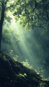 Sunlight shafts through dense forest canopy on slope.