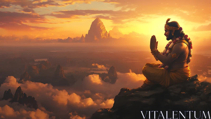 Golden sunrise meditation above a dreamy mountain temple.