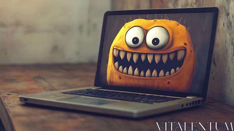 Cartoon malware monster grinning from laptop screen in studio