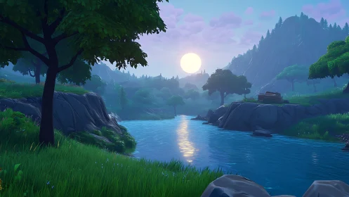 Peaceful river valley glowing under a gentle evening sun.