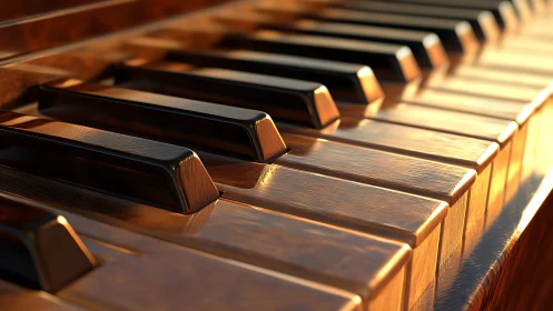 Sunlit piano keys glowing like molten bronze at dusk.
