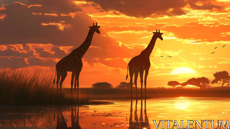 Giraffes standing beside reflective water at sunset horizon.