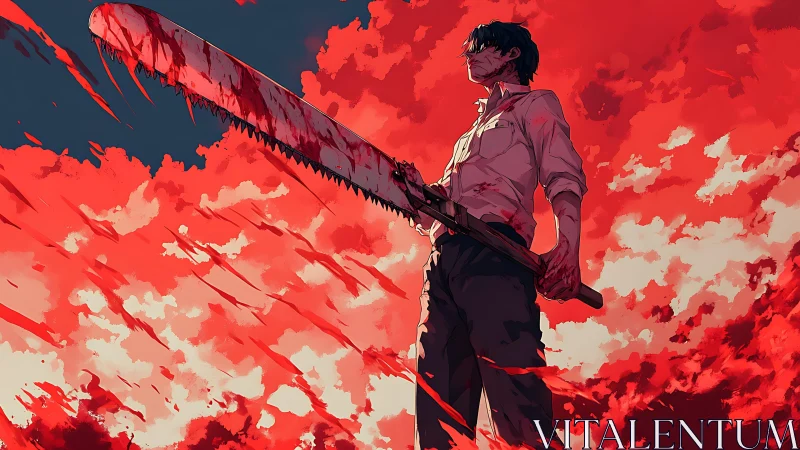 Dynamic anime illustration of blood-soaked warrior with chainsaw.