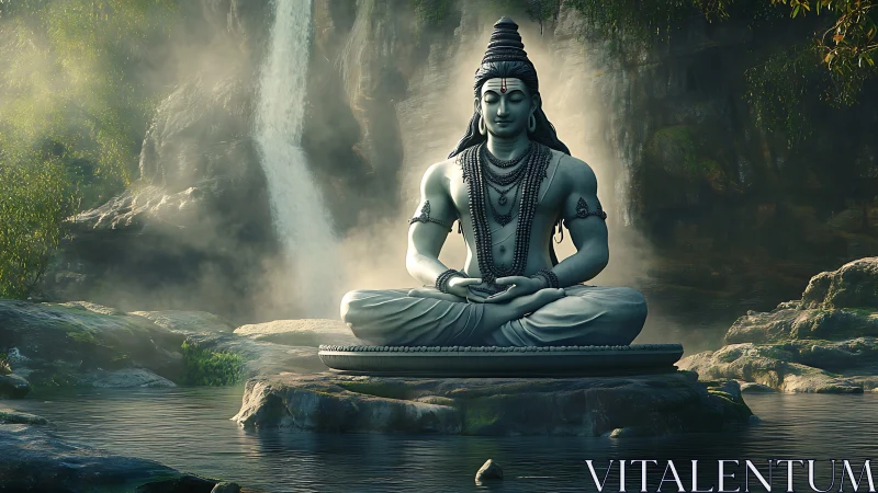 Meditating Shiva statue beside misty waterfall in forest.
