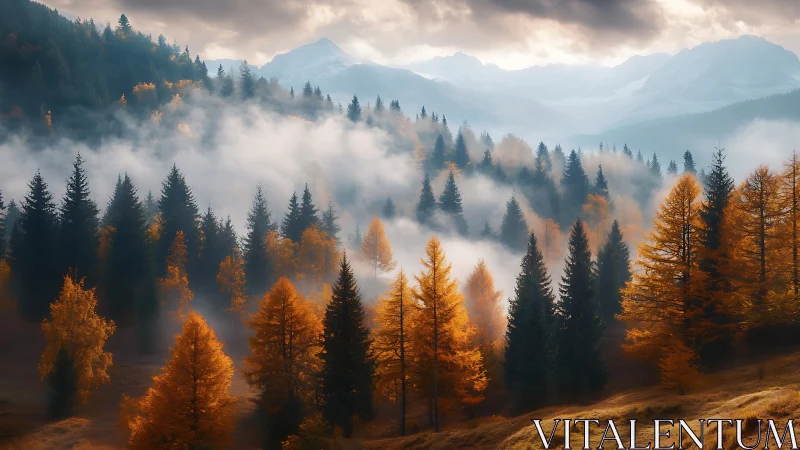 Alpine Forest Valley Embraced by Autumn Mist and Mountains