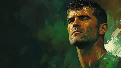 Determined male portrait emerges from abstract green textures