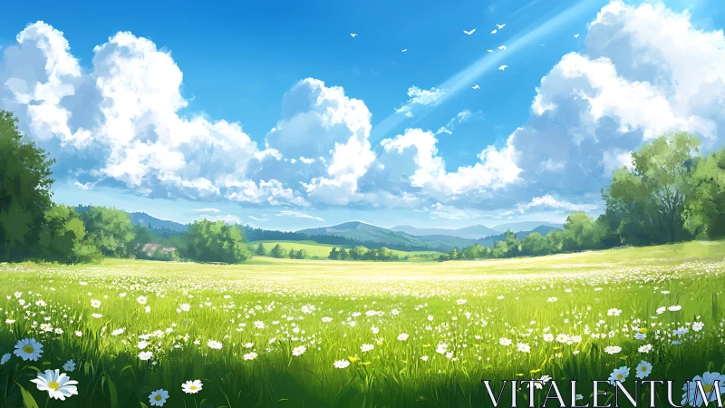 Sunlit wildflower meadow under expansive summer sky.