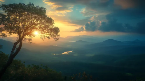 Radiant atmospheric sunrise over layered riverine highlands.