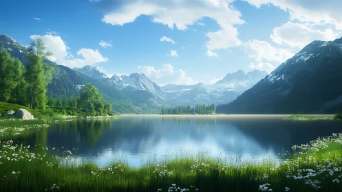 Sky-mirrored alpine lake cradled by whispering green peaks.