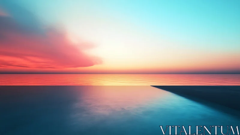 Sunset horizon merges ocean reflections with pastel sky.