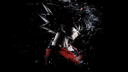 Dynamic anime warrior portrait with fragmented particle dispersion