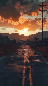 Sunlit abandoned highway under dramatic mountain dusk sky.