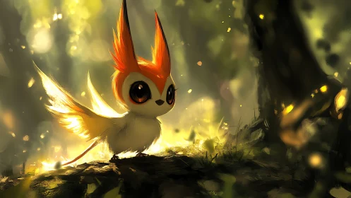 Small winged creature on forest floor in diffuse light.