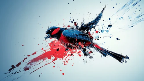 Abstract digital bird with dynamic red and blue splashes.