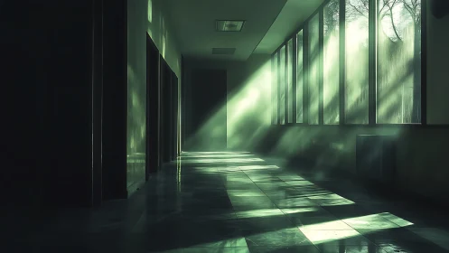 Green sunbeams quietly invade a deserted glass corridor
