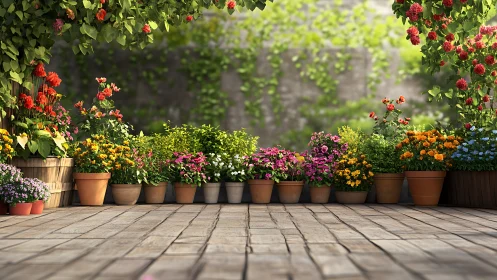 Sunlit terrace of potted blooms in a softly blurred garden.