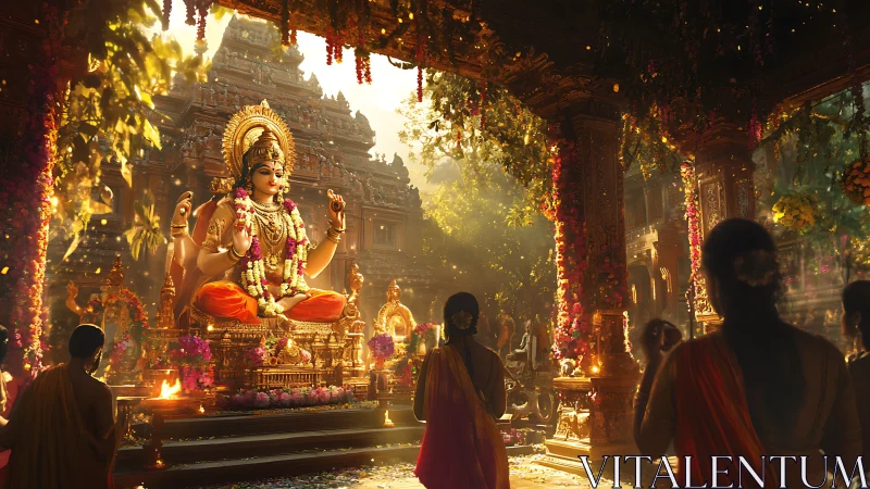 Seated deity statue in ornate temple hall with observers.
