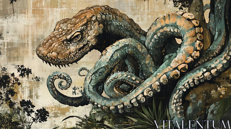 Hybrid reptile-kraken creature coils through weathered jungle.