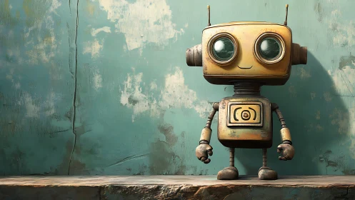 Cute retro robot smiles against distressed teal wall backdrop.