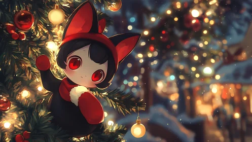 Small red-eyed character in winter tree with lights at night.