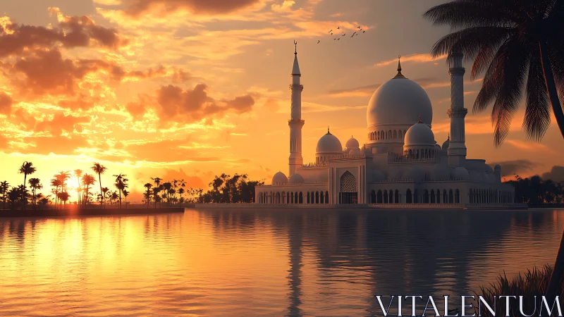 Sunlit mosque dominates lakeside skyline at vivid sunset