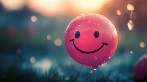 Wet smiley balloon in shallow-depth bokeh field at sunset.