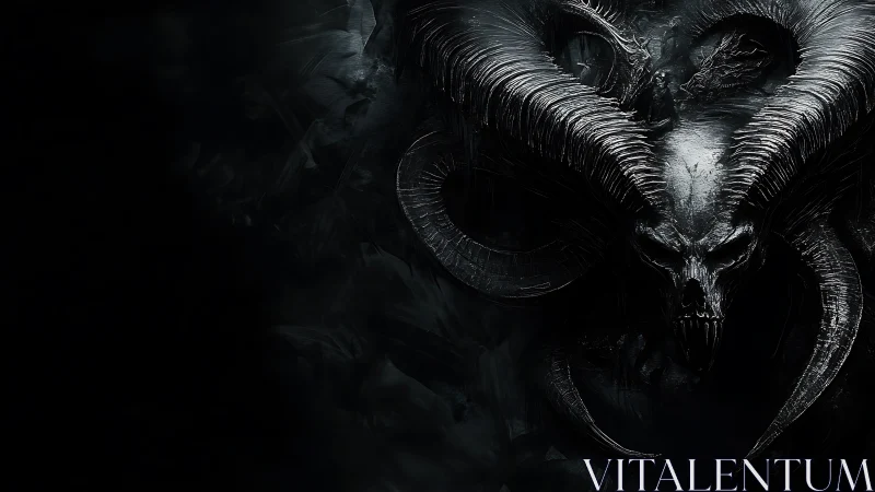 Majestic horned skull emerges from shadows in dark fantasy